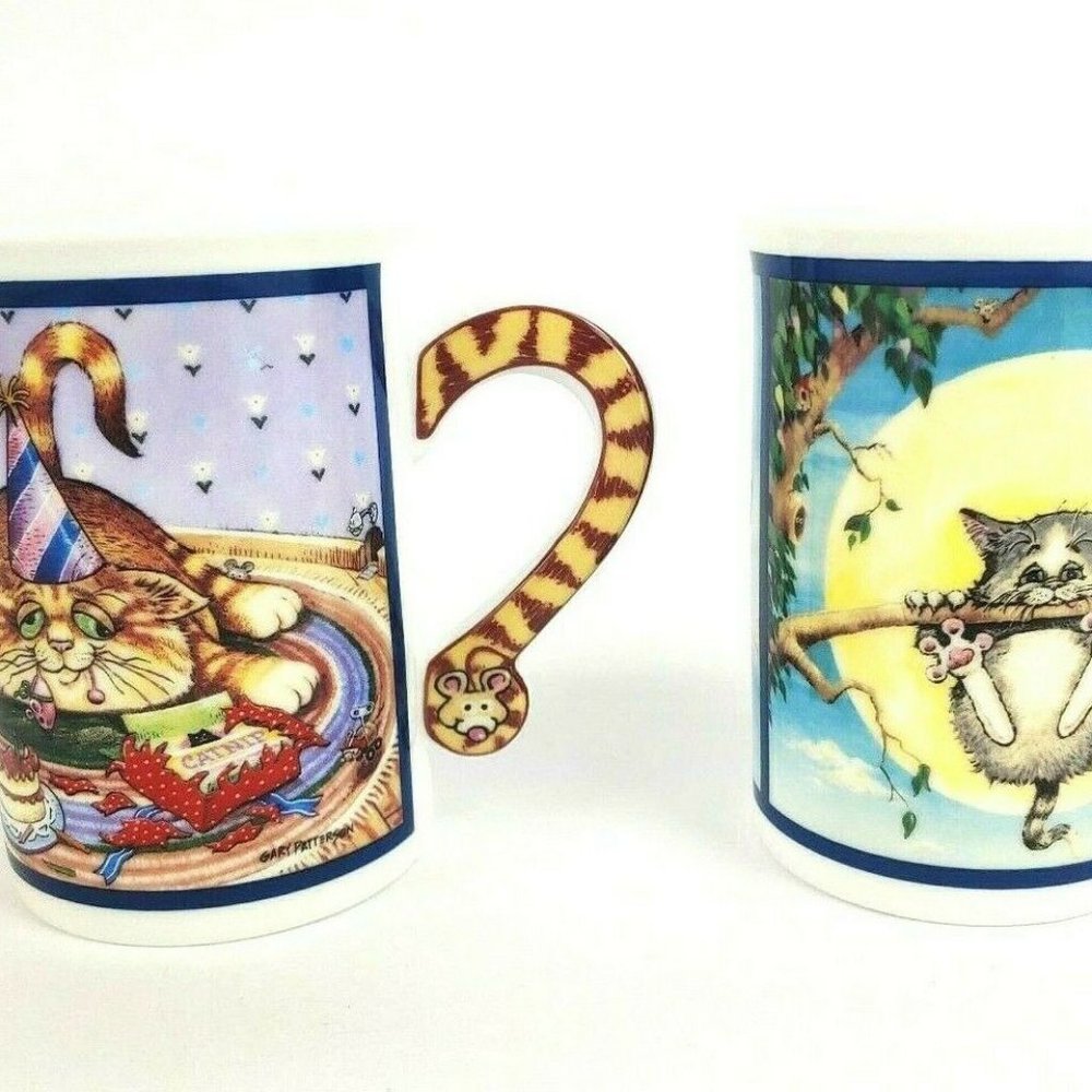 Comical Cats Porcelain Collector Mugs "Party Time" and "Hang In There!" - New